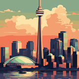 Colorful painting of Toronto skyline featuring CN Tower at sunset