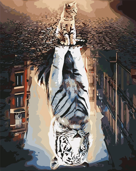 Stylized painting of a cat with a tiger reflection on water