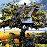 Stylized painting of a whimsical treehouse in a rural landscape