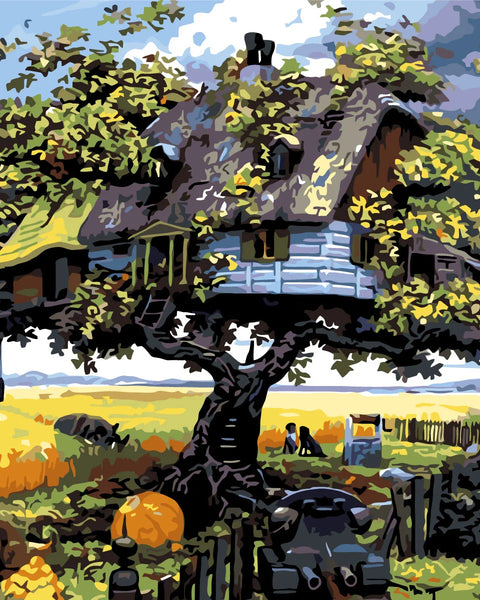 Stylized painting of a whimsical treehouse in a rural landscape