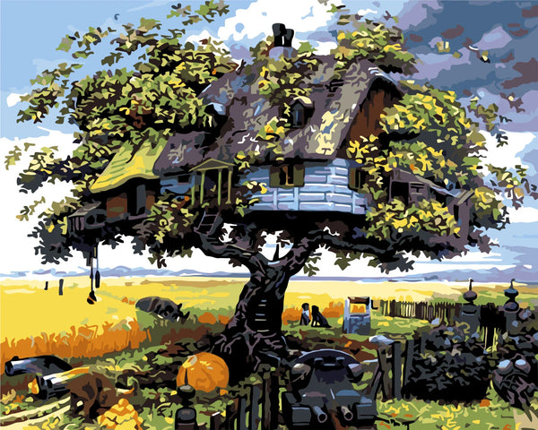 Stylized painting of a whimsical treehouse in a rural landscape