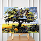 Stylized painting of a whimsical treehouse in a rural landscape