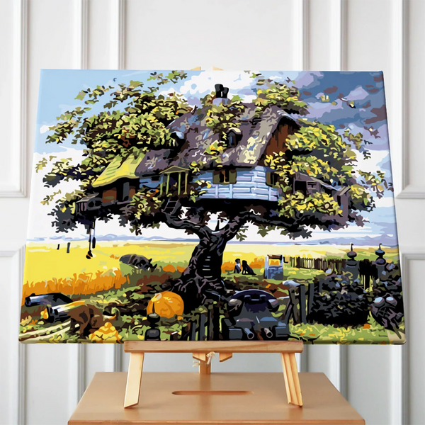 Stylized painting of a whimsical treehouse in a rural landscape