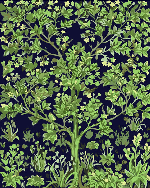 Lush green tree with detailed foliage on a dark background