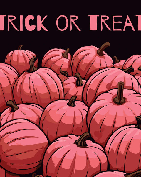 Halloween-themed painting of pink pumpkins with "Trick or Treat" text