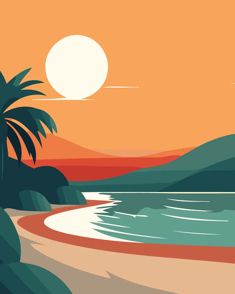 Minimalist tropical beach painting with palm trees and sunset scenery