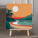 Minimalist tropical beach painting with palm trees and sunset scenery
