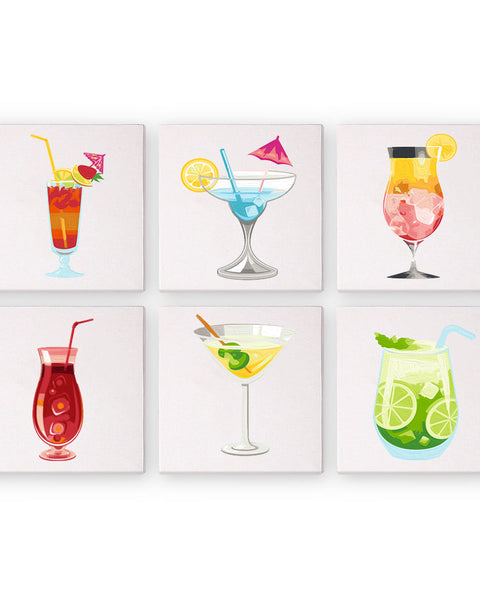 Tropical Cheers Paint by Numbers Kit featuring a set of 6 vibrant cocktail-themed mini-canvases. Colorful drinks in refreshing designs by Artspark.