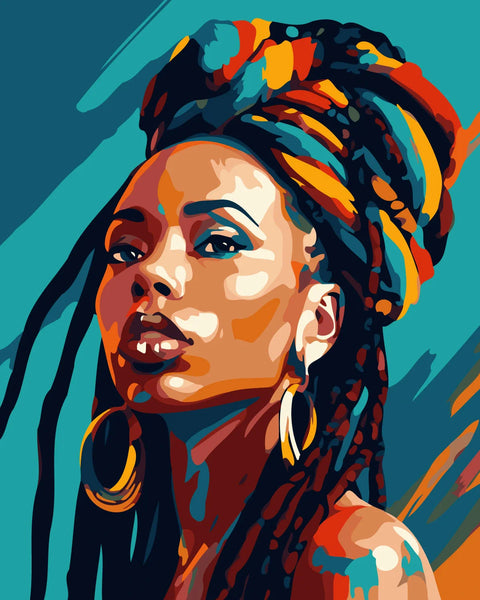 Bold portrait painting of a woman with colorful headwrap and earrings