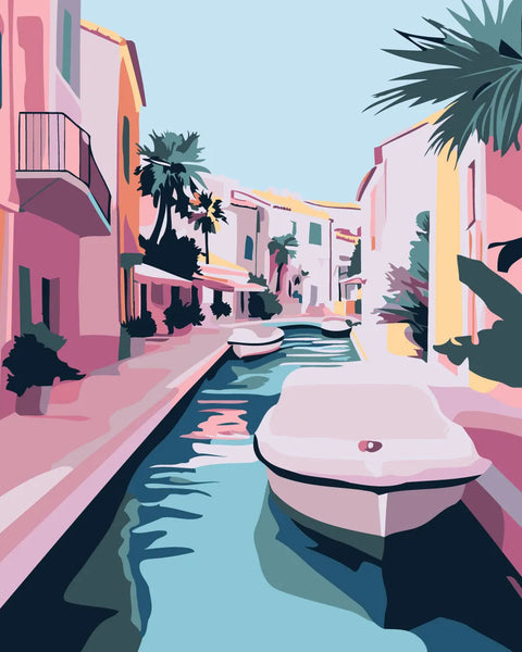 Colorful painting of a scenic canal with boats and palm trees