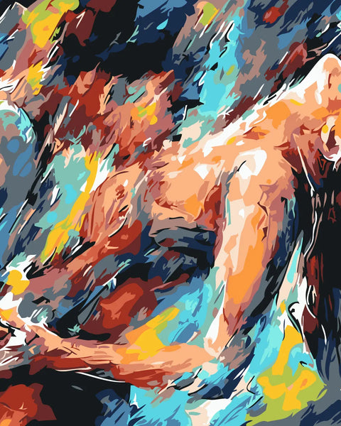 Abstract expressionist painting of a woman in dynamic vibrant colors