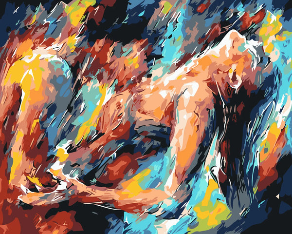 Abstract expressionist painting of a woman in dynamic vibrant colors