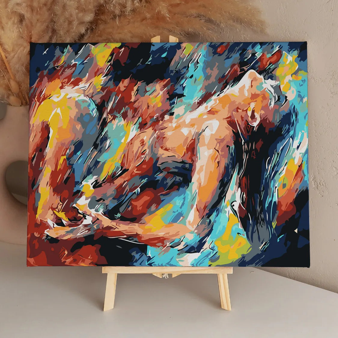 Abstract expressionist painting of a woman in dynamic vibrant colors