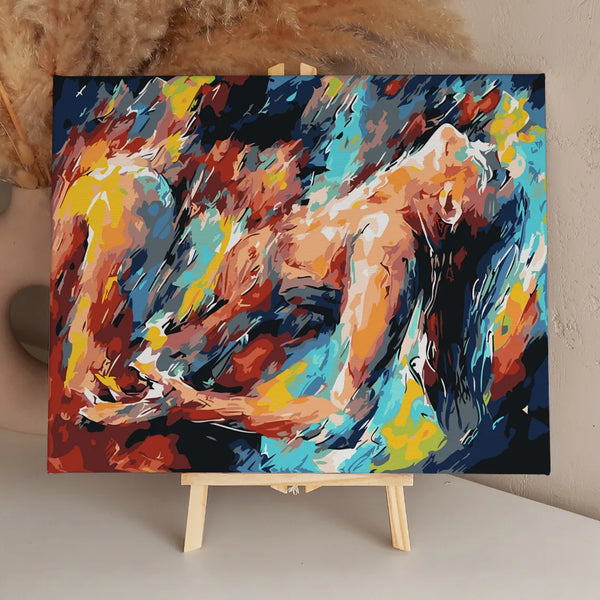 Abstract expressionist painting of a woman in dynamic vibrant colors