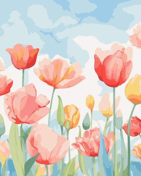 Soft pastel painting of blooming tulips against a blue sky