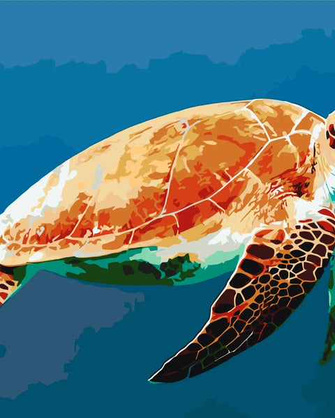 Stylized painting of a sea turtle swimming in the ocean