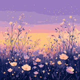 A dreamy meadow filled with delicate wildflowers, illuminated by the golden light of sunset, with fireflies glowing under a soft twilight sky.
