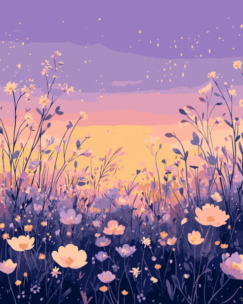 A dreamy meadow filled with delicate wildflowers, illuminated by the golden light of sunset, with fireflies glowing under a soft twilight sky.