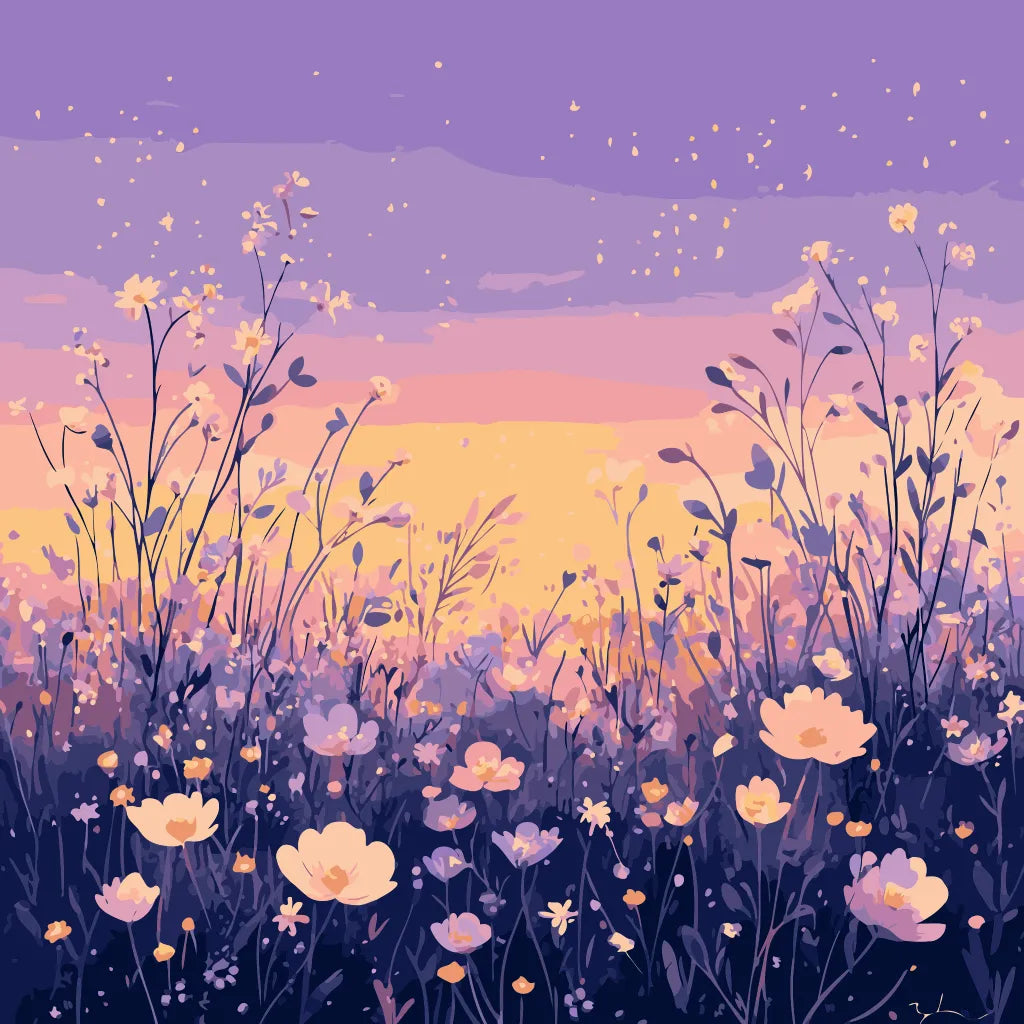 A dreamy meadow filled with delicate wildflowers, illuminated by the golden light of sunset, with fireflies glowing under a soft twilight sky.
