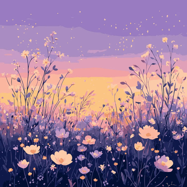 A dreamy meadow filled with delicate wildflowers, illuminated by the golden light of sunset, with fireflies glowing under a soft twilight sky.