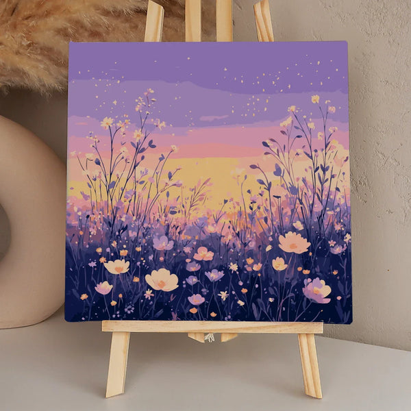 A dreamy meadow filled with delicate wildflowers, illuminated by the golden light of sunset, with fireflies glowing under a soft twilight sky.