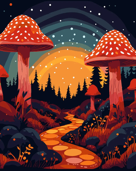 Fantasy painting of a glowing forest with giant red mushrooms
