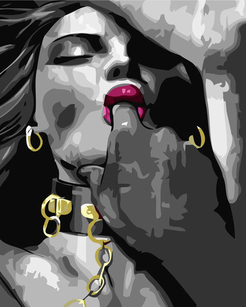 Expressive grayscale painting of a woman with gold jewelry and red lips