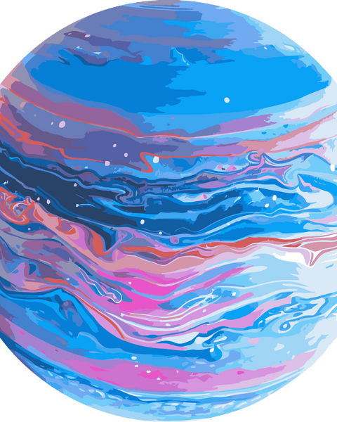Abstract painting of a colorful planet with swirling blue patterns