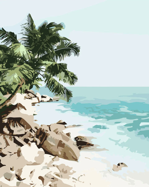 Stylized painting of a tropical beach with palm trees and ocean