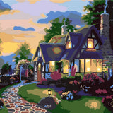 Stylized painting of a cozy cottage with glowing lights at sunset