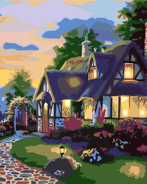 Stylized painting of a cozy cottage with glowing lights at sunset
