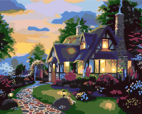 Stylized painting of a cozy cottage with glowing lights at sunset