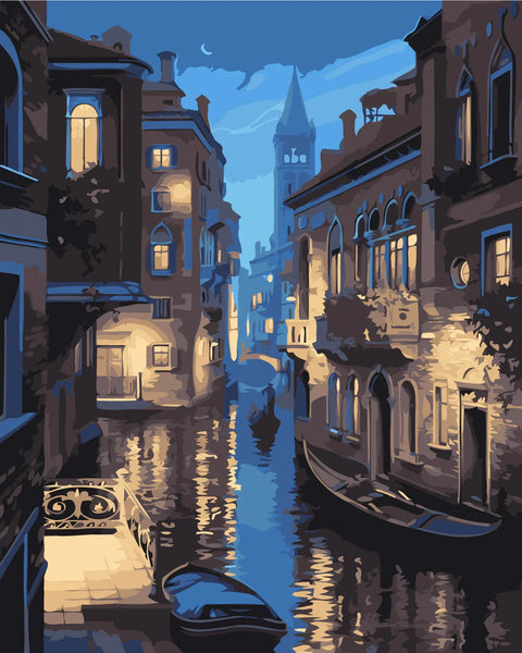 Romantic painting of a Venetian canal at night with gondolas