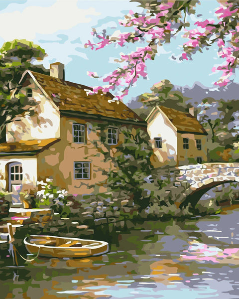 Stylized painting of a charming riverside village with a stone bridge