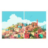 Colorful hillside town painting with pastel buildings and blue sky