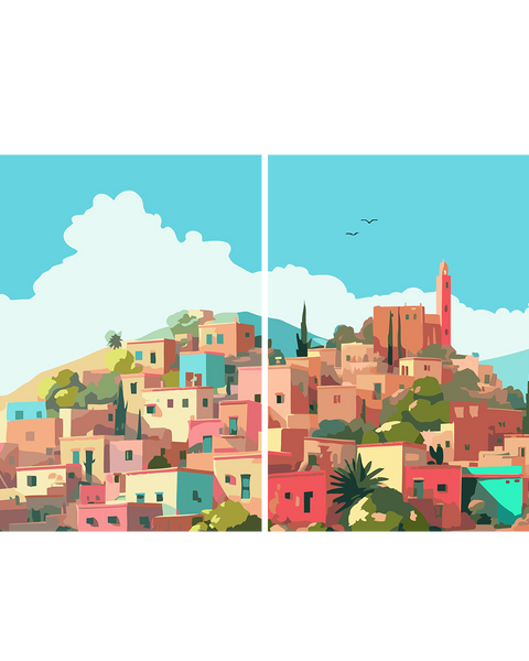 Colorful hillside town painting with pastel buildings and blue sky