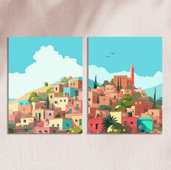 Colorful hillside town painting with pastel buildings and blue sky