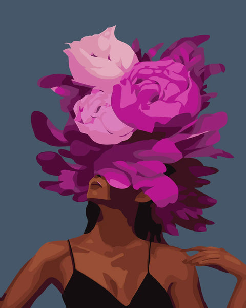 Surreal painting of a woman with vibrant flowers as hair