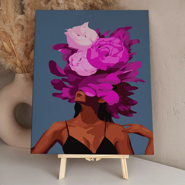 Surreal painting of a woman with vibrant flowers as hair
