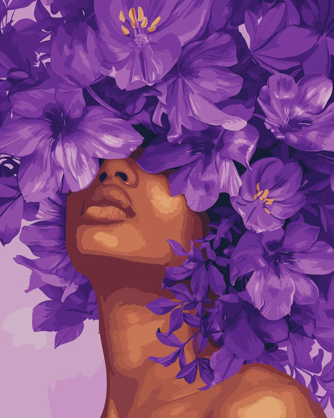 Woman with purple flowers covering her eyes in a surreal painting