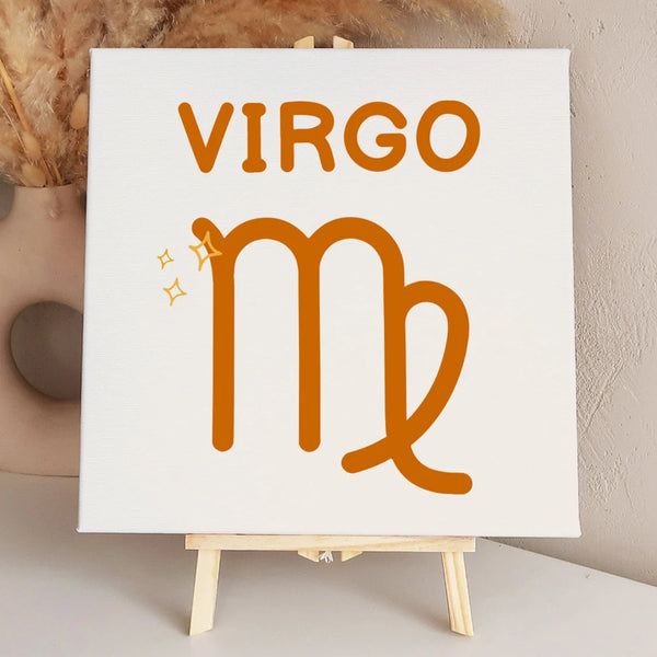 Virgo zodiac sign symbol with decorative stars and text