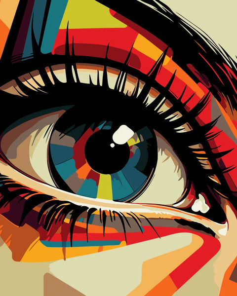 Colorful abstract painting of a human eye with vibrant patterns