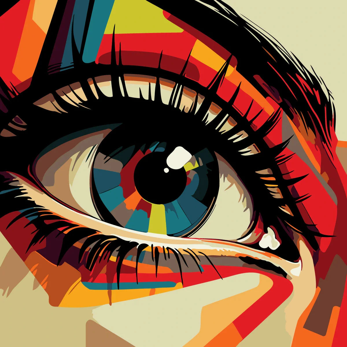 Colorful abstract painting of a human eye with vibrant patterns