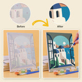 Artistic process of painting Wanderlust Wonders acrylic painting set using vibrant paints and brushes.