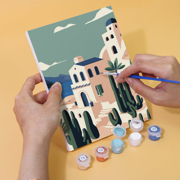 Progress of painting the Wanderlust Wonders set with acrylic paints and numbered canvas.