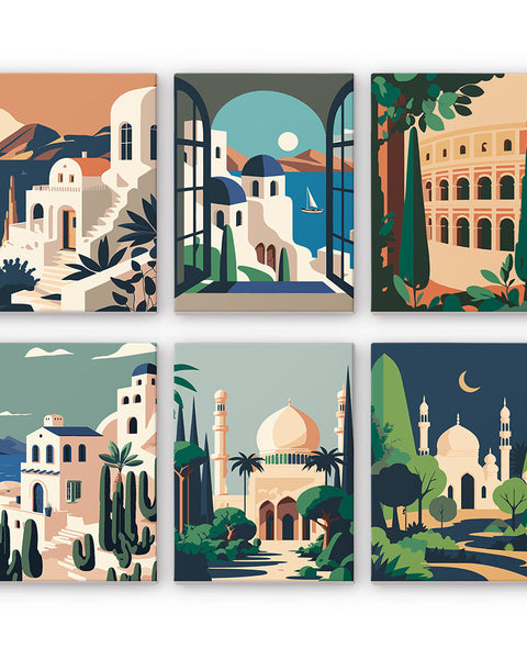 Completed canvas set showcasing vibrant architectural artwork from the Wanderlust Wonders Paint By Numbers collection of 6.