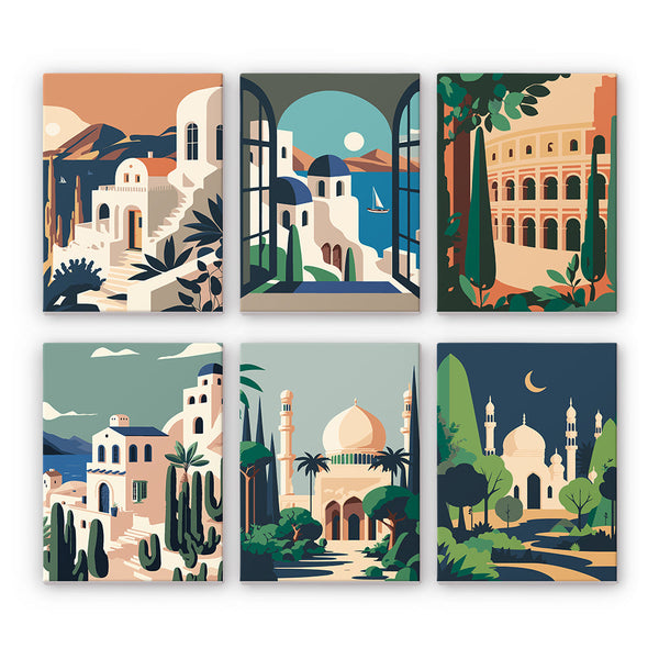 Completed canvas set showcasing vibrant architectural artwork from the Wanderlust Wonders Paint By Numbers collection of 6.