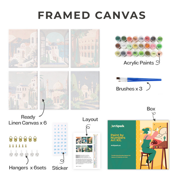 Wanderlust Wonders Framed Canvas Paint By Numbers Set of 6 - Elegantly framed collection of canvases with detailed architecture scenes.
