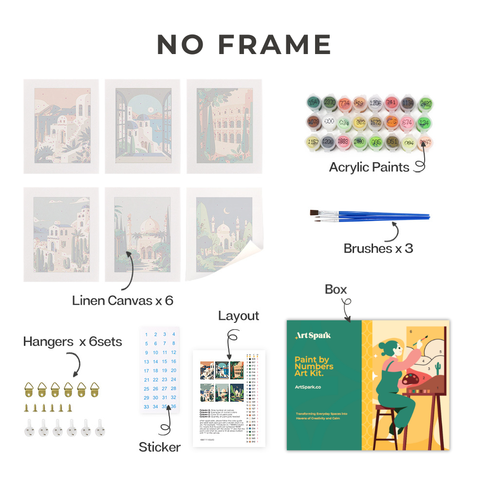 Wanderlust Wonders No Frame Paint By Numbers Set of 6 - A captivating collection of canvases featuring exotic architectural landscapes.