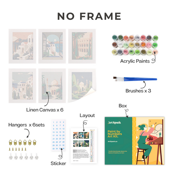 Wanderlust Wonders No Frame Paint By Numbers Set of 6 - A captivating collection of canvases featuring exotic architectural landscapes.